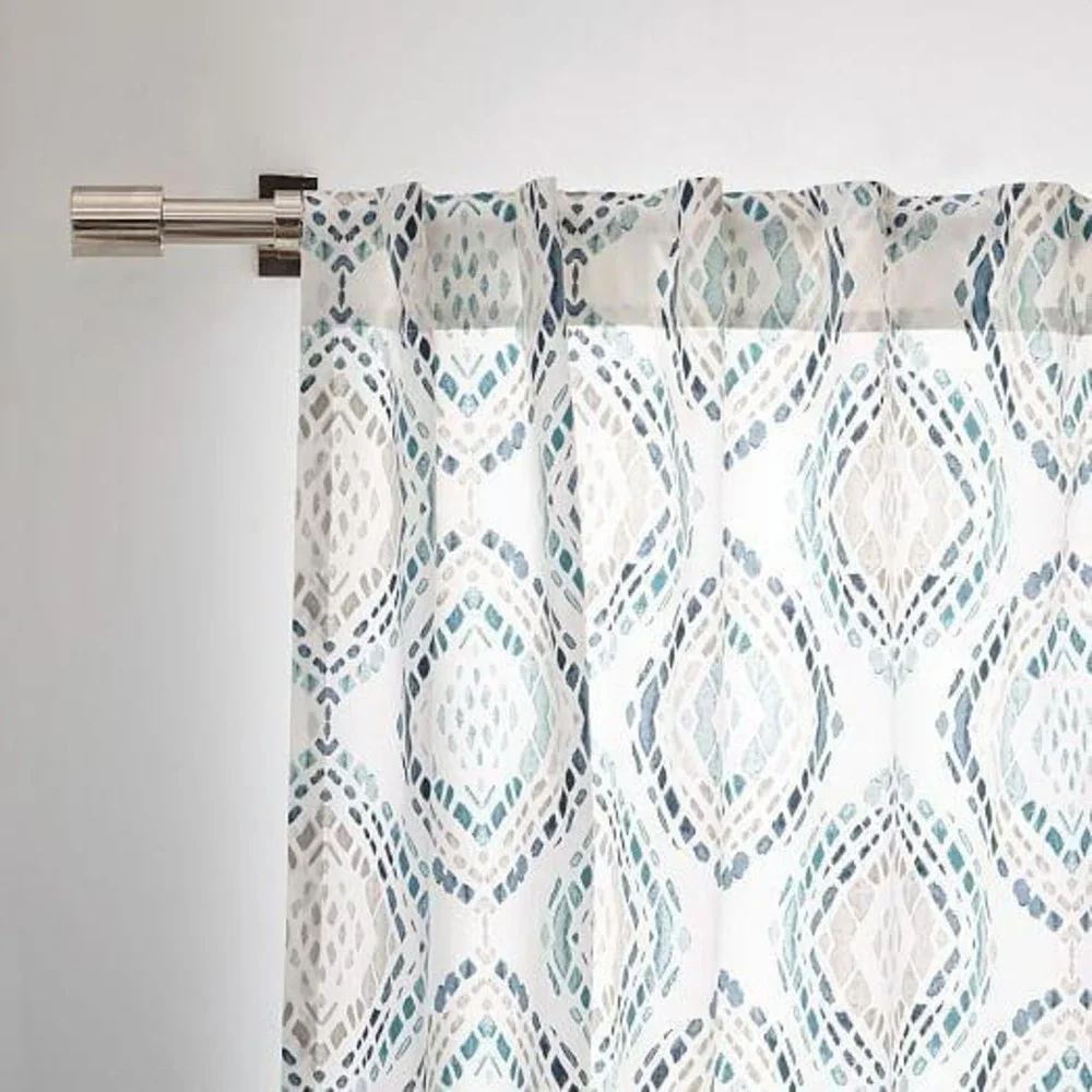 2 West Elm Curtains Cotton Canvas Mosaic Medallion 48x96 White Teal Blue Ikat